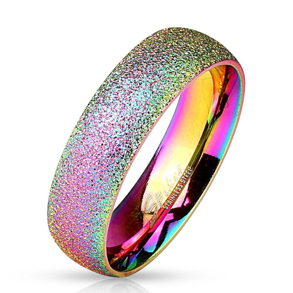 Sand Blast Finish Rainbow Dome Ring 316L Stainless Steel 6mm size 9